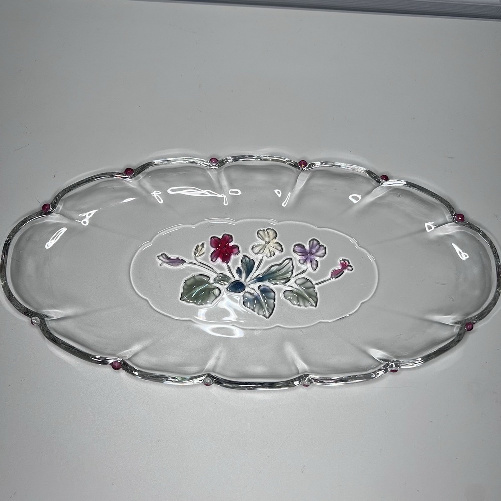 Mikasa Glass Oval‎ Serving Tray 15x7 Floral & Scalloped Edges
